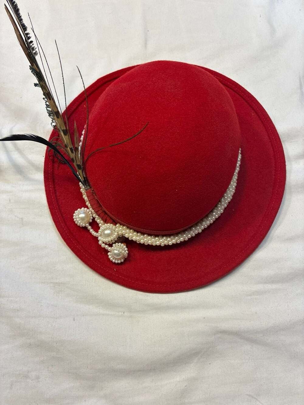 Career Collection Vintage Red Wool Doeskin Felt Hat with Pearl Trim and Feathers